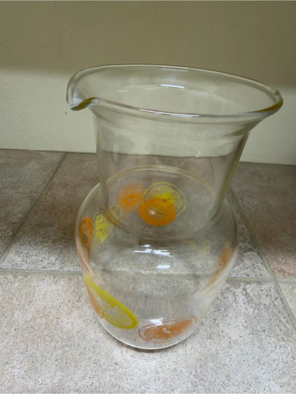 Vintage Pyrex Clear Glass Pitcher with Orange and Yellow Citrus Motif